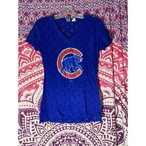 Chicago Cubs Shirt Breathable V Neck Medium Blue Red Womens